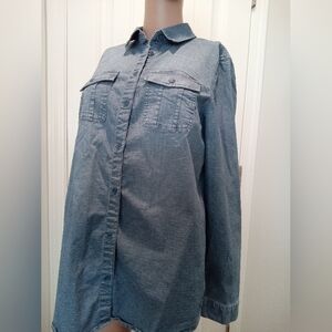Isaac Mizrahi Size 6 Blue Button-Up Chambray Denim Shirt w/ Polka Dots